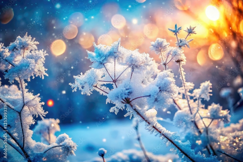 Macro double exposure: winter wonderland's snowy scene, isolated, magical background.