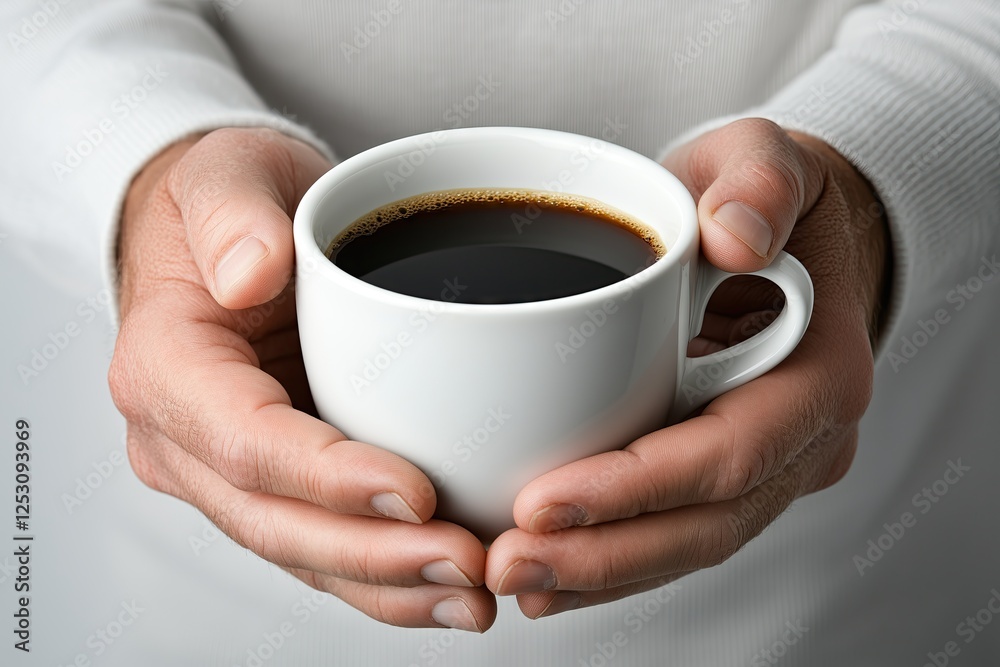 Close-up of hands holding a white coffee cup filled with black coffee, wearing a white sweater, creating a cozy and warm atmosphere.
Close-up of hands holding a white coffee cup filled with black coffee, wearing a white sweater, creating a cozy and warm atmosphere.
