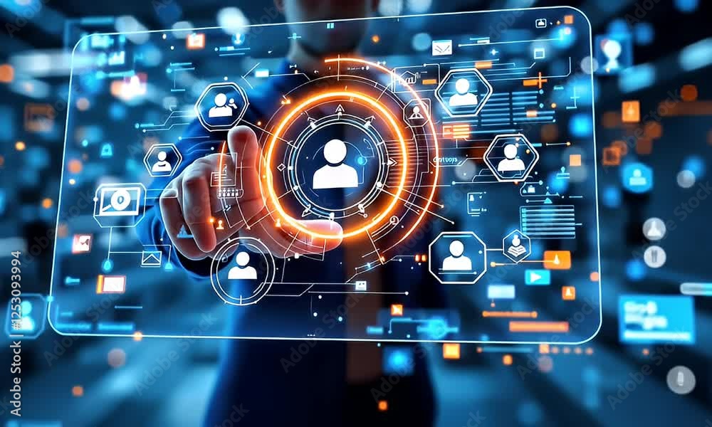Businessperson interacts with digital interface; data management; city background; tech solutions