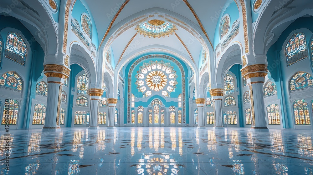 Stunning interior of a grand mosque featuring intricate designs and vibrant colors, reflecting serenity Stunning interior of a grand mosque featuring intricate designs and vibrant colors, reflecting serenity