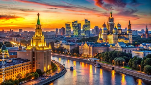 Moscow Sunset: Golden Hour Skyline Panorama, Cityscape Night Photography