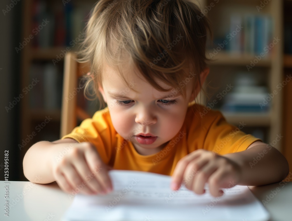 Toddler Carefully Folding a Piece of Paper on a Table Toddler Carefully Folding a Piece of Paper on a Table