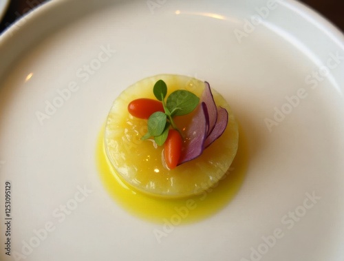 Exquisite gourmet appetizer featuring molecular gastronomy techniques on a white plate photo