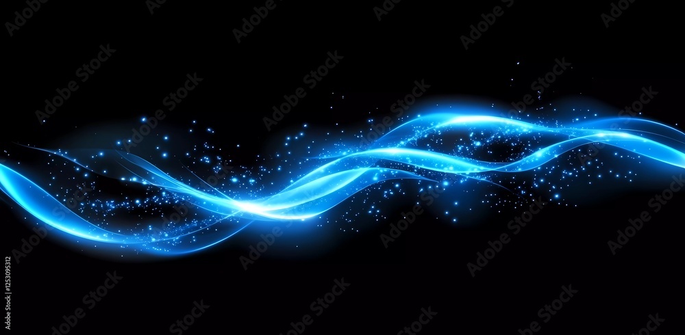 Abstract digital background with blue neon glow waves on black, holographic glitch effect, and glowing lines in motion.
