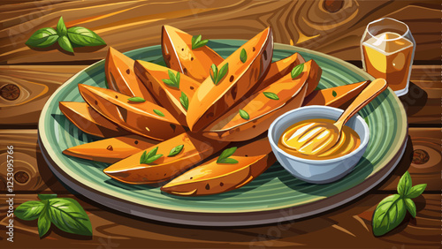 A plate of baked sweet potato wedges with a light olive oil drizzle, styled on a rustic wooden table