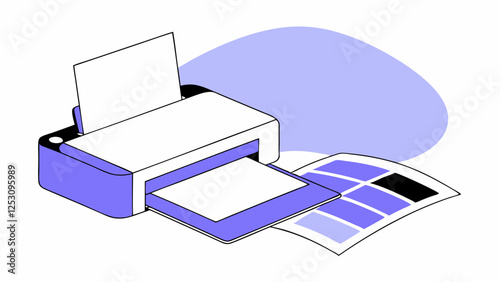 A printer is depicted in a minimalist style, with a sheet of paper being printed. Next to the printer, a page with a color test or chart is visible.AI