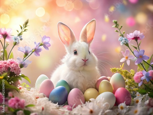 Pastel pink rabbit blends with blooming spring flowers, a whimsical double exposure Easter egg hunt scene.