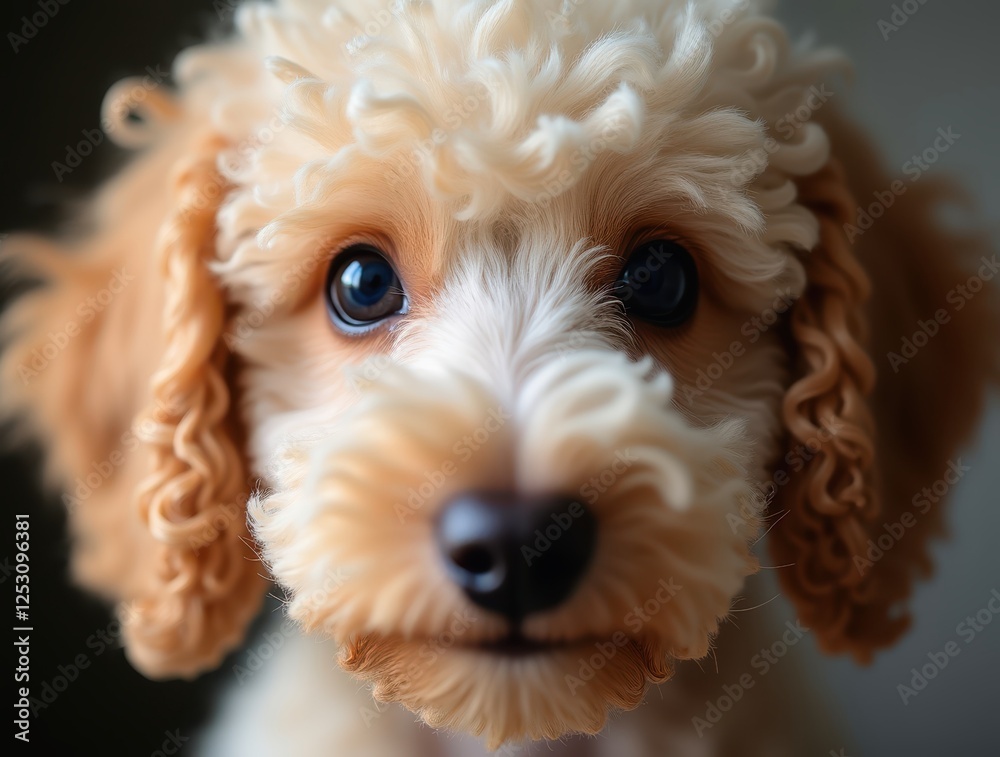 Adorable poodle puppy staring with its big dark eyes and curly fur Adorable poodle puppy staring with its big dark eyes and curly fur