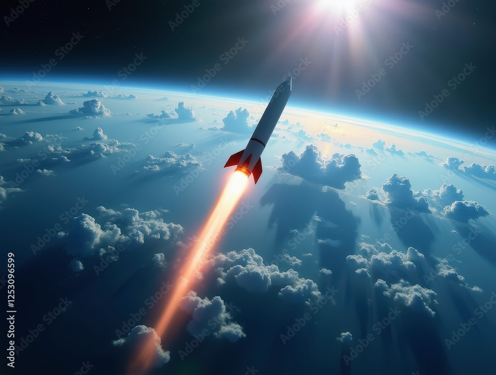 Obraz premium Rocket launching from earth atmosphere with sun shining
