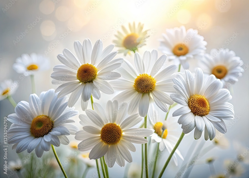 Fototapeta premium Pure white daisies bloom against a minimal white backdrop.