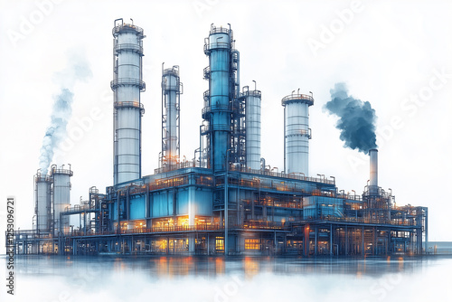 drawing of a factory with smoking pipes on a white background