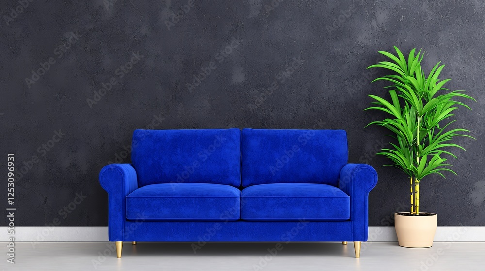 Obraz premium Modern Living Room With Deep Blue Couch And Textured Wall