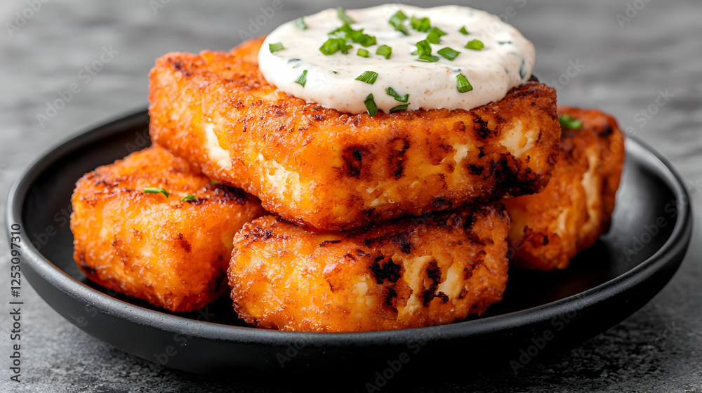 Crispy fried cheese cubes with creamy herb dip Crispy fried cheese cubes with creamy herb dip