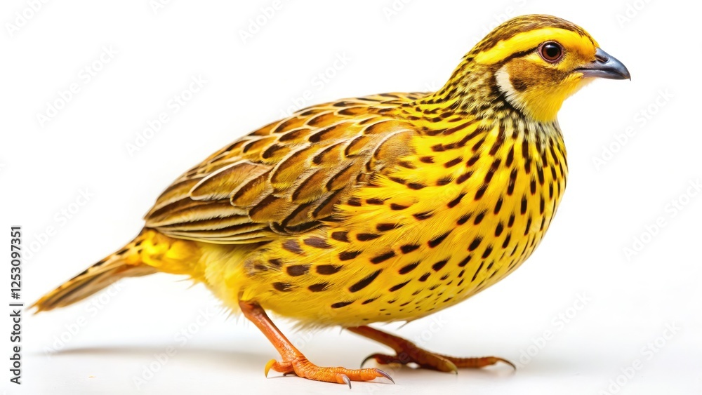 Fototapeta premium Retro photo of a lone yellow-feathered quail, isolated on white, showcasing vintage wildlife photography.