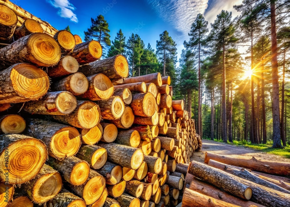 Neatly Stacked Sawn Tree Trunks Near Pine Tree with Visible Spikes Neatly Stacked Sawn Tree Trunks Near Pine Tree with Visible Spikes