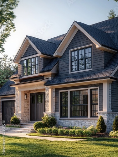 This is a two-story house with a modern design featuring large windows and dark siding. It appears to be newly constructed.
