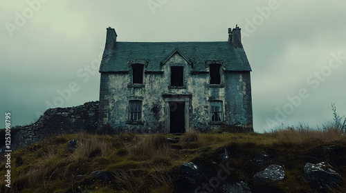 A dilapidated mansion on a hill, with windows that seem to stare blankly into the void. The door creaks open slowly as if inviting you in.