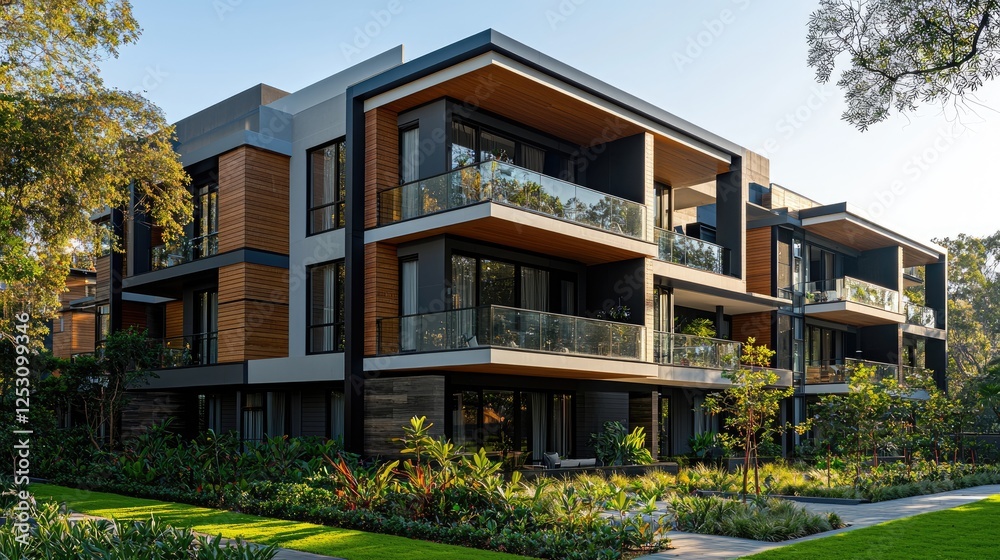 Obraz premium Modern Apartment Building With Lush Landscaping