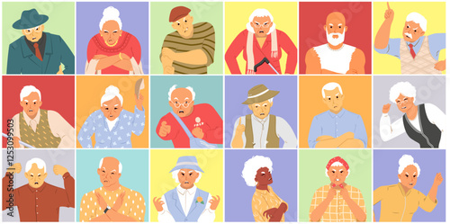 This artwork showcases a vibrant array of angry old man avatars, each with unique features, clothing, and expressions, set against a lively background of colors.