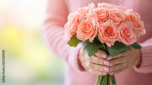 person holding bouquet of pink roses, symbolizing love and appreciation, with soft background that enhances emotional warmth of moment
