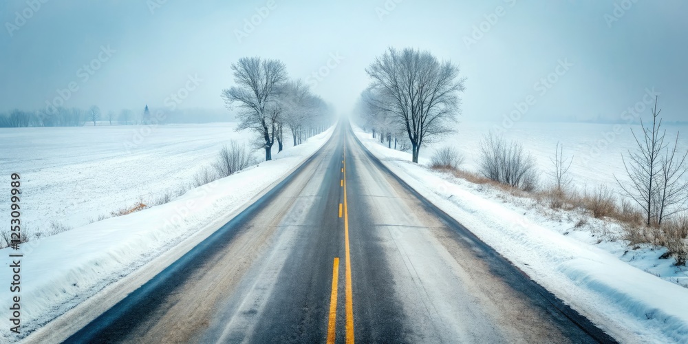 Serene snowfall blankets a minimalist winter road. Serene snowfall blankets a minimalist winter road.