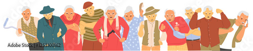 A group of frustrated elderly men stand together, openly displaying their anger. They are gathered in a community space during a sunny afternoon, sharing heated discussions.