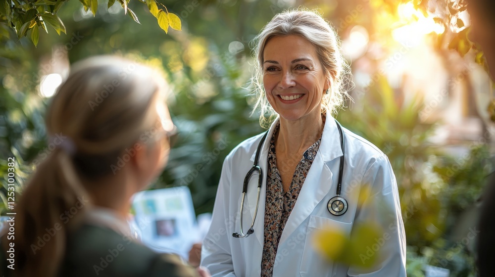 Smiling Female Doctor Consulting with Patient in Natural Setting Smiling Female Doctor Consulting with Patient in Natural Setting