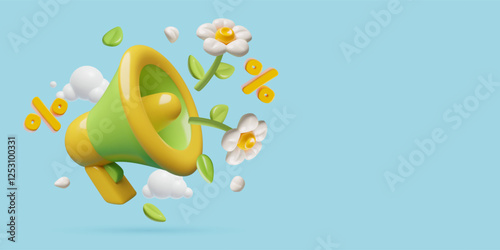 Spring background with a loudspeaker, flying flowers and percentage sign. Sale event announcement design. Vector illustration. 