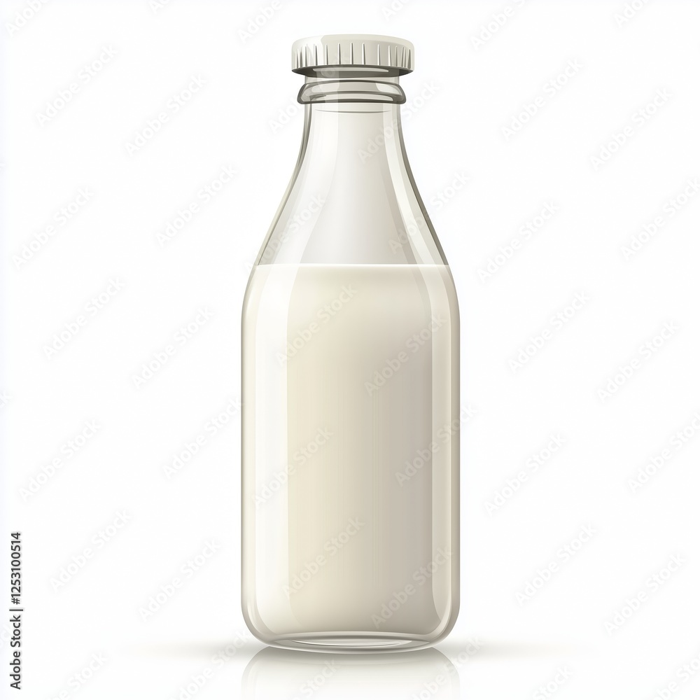 A realistic of a classic glass milk bottle filled with fresh white milk, set on a clean white background. A realistic of a classic glass milk bottle filled with fresh white milk, set on a clean white background.