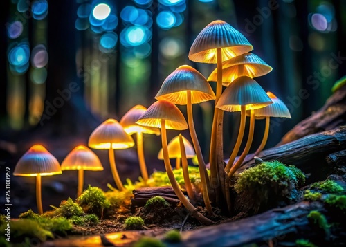 Night Photography: Mycena tintinnabulum Mushrooms on Wood in Floodplain Forest photo