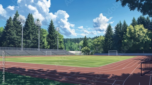 An outdoor view of a high school sports field with a running track, a soccer goal, and bleachers, set against a backdrop of trees and blue skies.