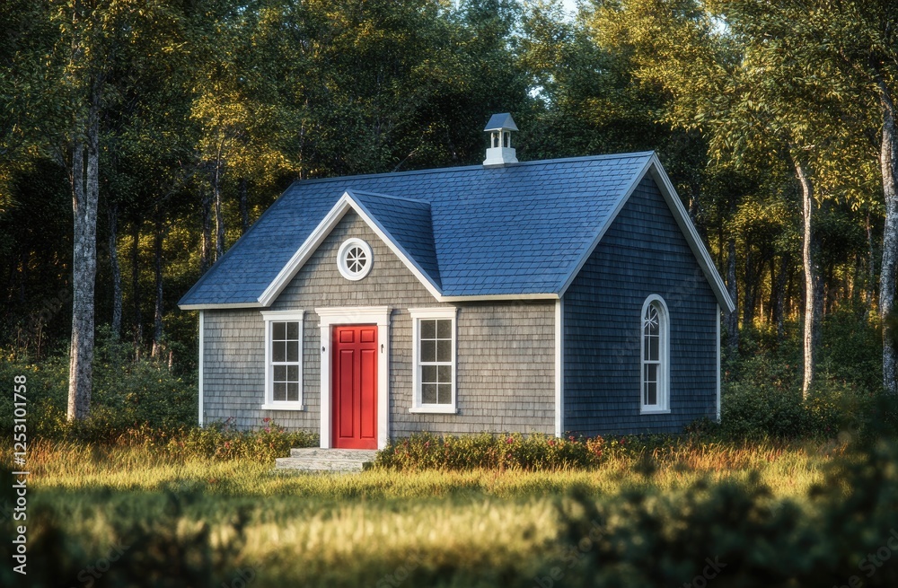 A small gray wooden chapel with red doors and a blue roof, surrounded by green grass in front of trees A small gray wooden chapel with red doors and a blue roof, surrounded by green grass in front of trees