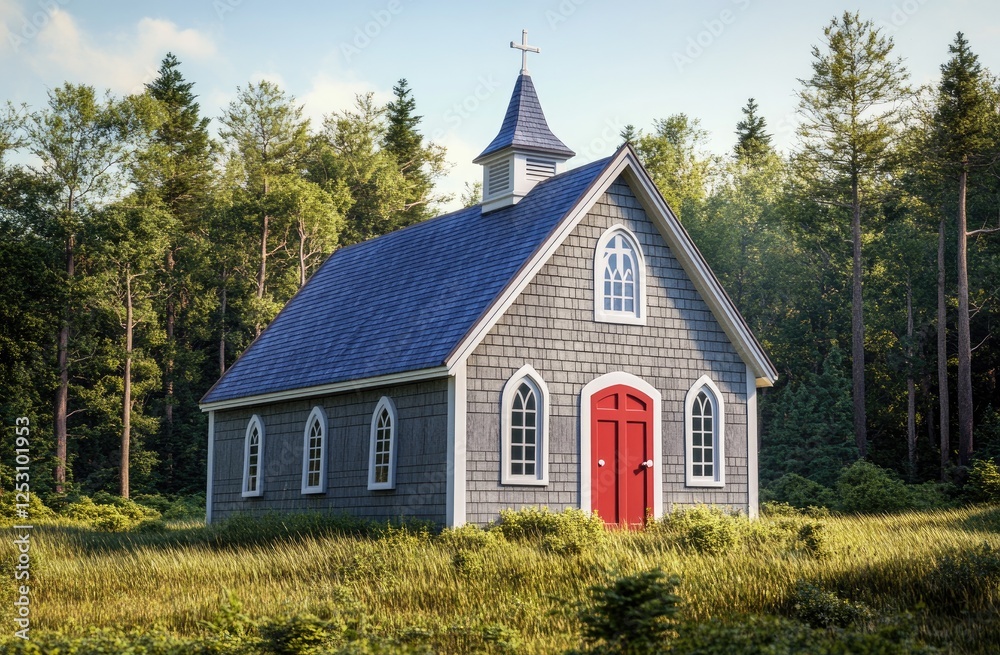 Fototapeta premium Small gray chapel with a red door and blue roof, exterior view, green grass lawn in front of the building, trees on one side of it