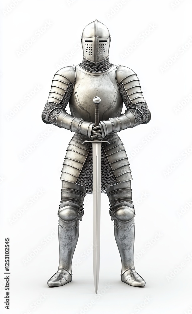 Medieval knight clad in complete armor, holding a sword, set against a white background. 3D rendering Medieval knight clad in complete armor, holding a sword, set against a white background. 3D rendering