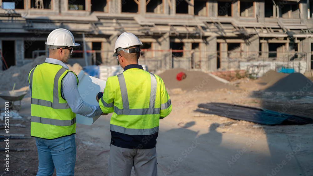Two Asian engineer working at site of a large building project,Thailand people,Work overtime at construction site,Team of engineer discus at site Two Asian engineer working at site of a large building project,Thailand people,Work overtime at construction site,Team of engineer discus at site