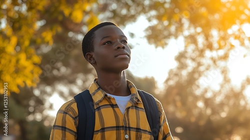 teenage African boy walking in a park, wearing casual clothing, relaxed atmosphere, candid moment, natural light, warm setting, realistic details, subtle shadows, photo, daylight.