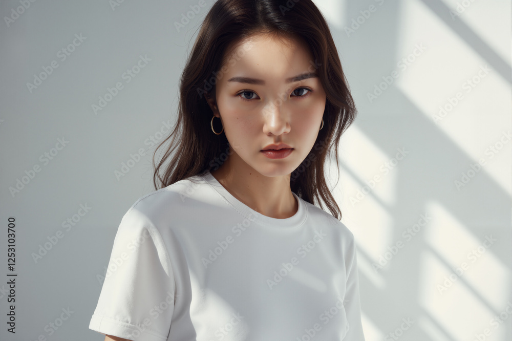 A close-up studio portrait of a young Asian woman wearing a simple white t-shirt. A close-up studio portrait of a young Asian woman wearing a simple white t-shirt.