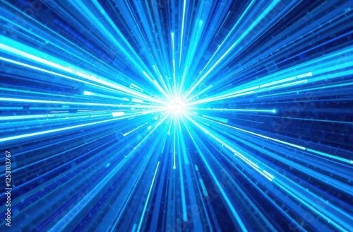 Abstract blue light speed background with laser rays and glowing flare in the center, motion blur effect
