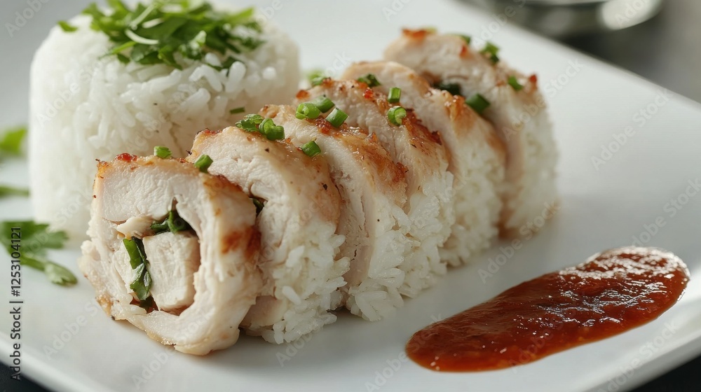 A close-up of Pad Kra Pao with chicken, artistically arranged on a white plate, paired with rice molded into a neat dome and chili sauce on the side. A close-up of Pad Kra Pao with chicken, artistically arranged on a white plate, paired with rice molded into a neat dome and chili sauce on the side.