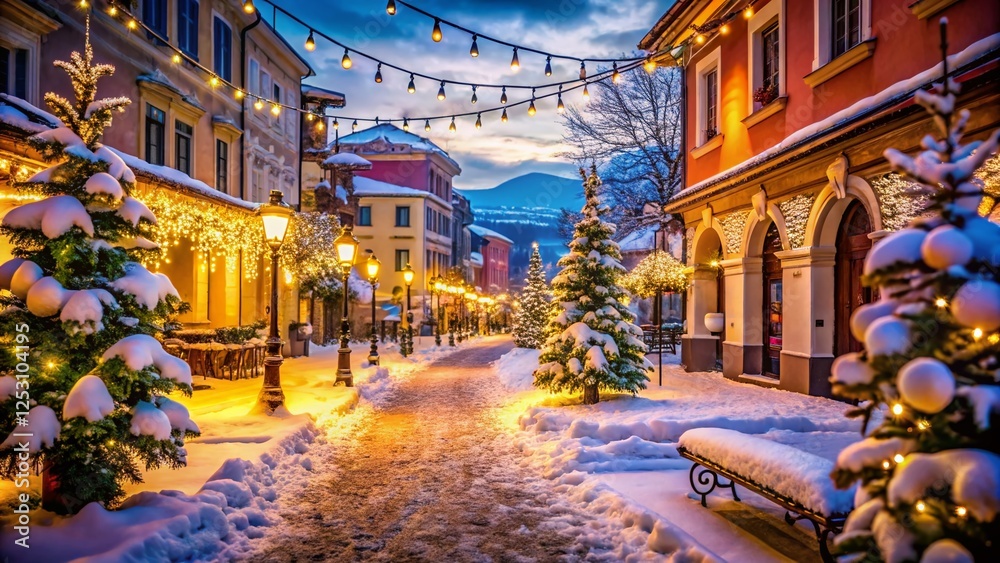 Fototapeta premium Opatija Croatia Christmas Market Street Festive Lights Bokeh