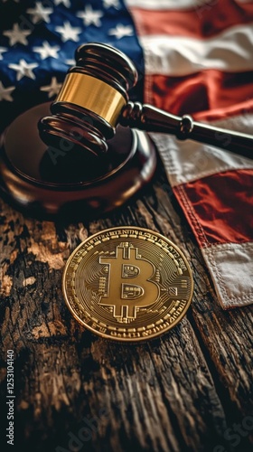 Bitcoin Cryptocurrency with Gavel on Rustic Table and American Flag photo