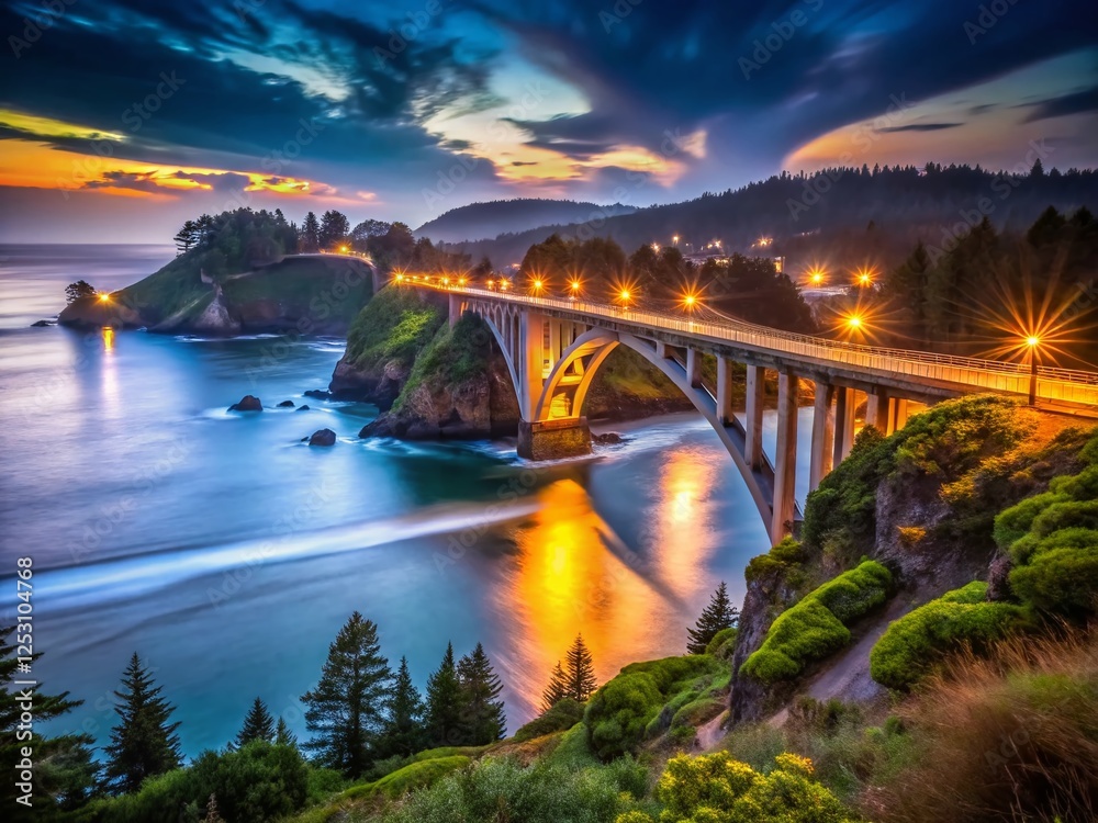 Fototapeta premium Oregon Coast Highway 101 Depoe Bay Night Low Light Harbor Bridge