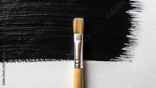 Paintbrush with Black Paint on Canvas photo