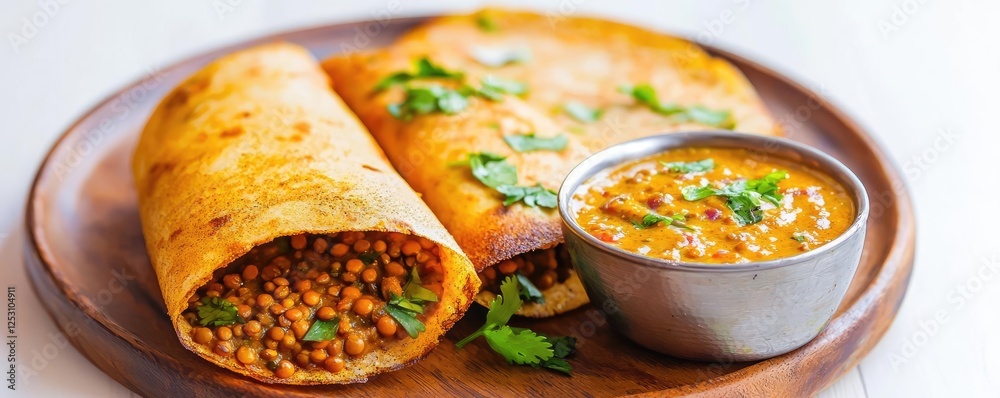 Plant based cuisine vegetarian fusion concept. Indian-style masala dosa stuffed with spicy lentils and coconut chutney