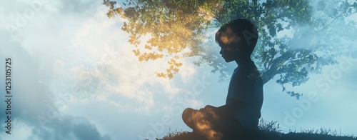 Wallpaper Mural Double Exposure A serene moment of a child meditating in nature, embodying peace and tranquility. Torontodigital.ca