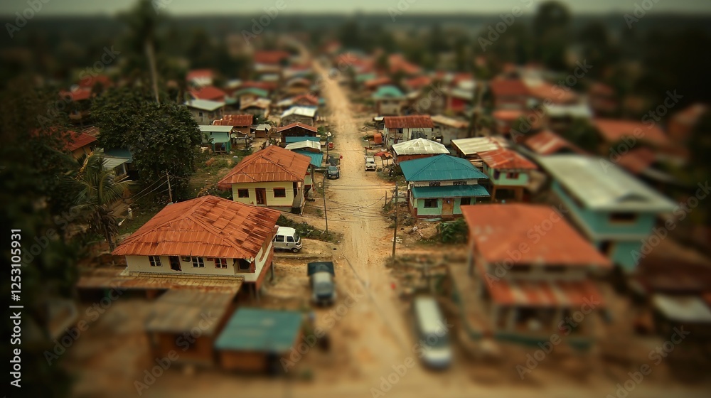 Naklejka premium Rural village street aerial view, houses, cars, trees