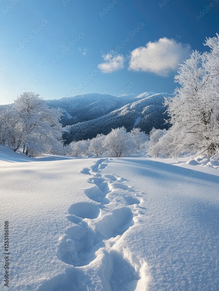Footprints in snow on a trail leading to a mountain with trees in the background. A clear blue sky.