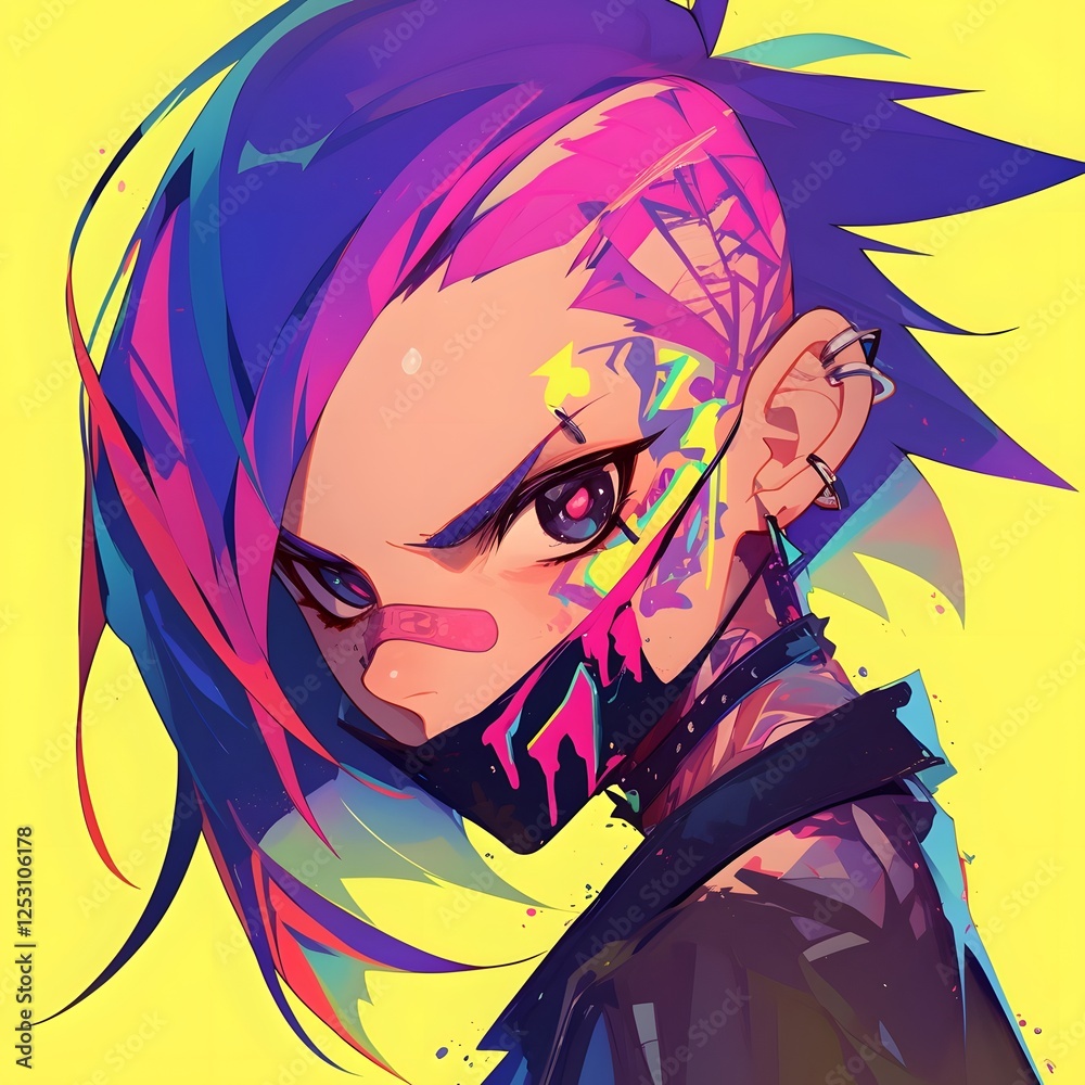 Naklejka premium Punk Character with Bold Graffiti-Style Textures and Vibrant Hair