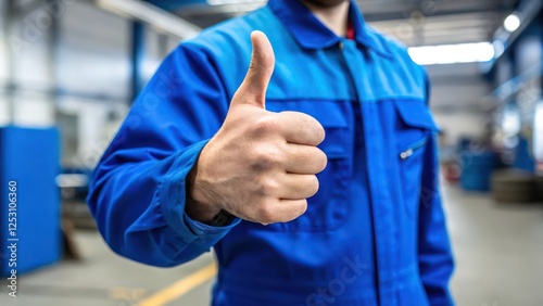 Worker Giving Thumbs-Up Gesture Wearing Blue Shirt in a Industry Workplace Background