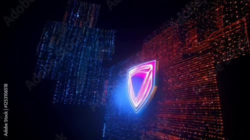 Neon Shield in Futuristic Cityscape